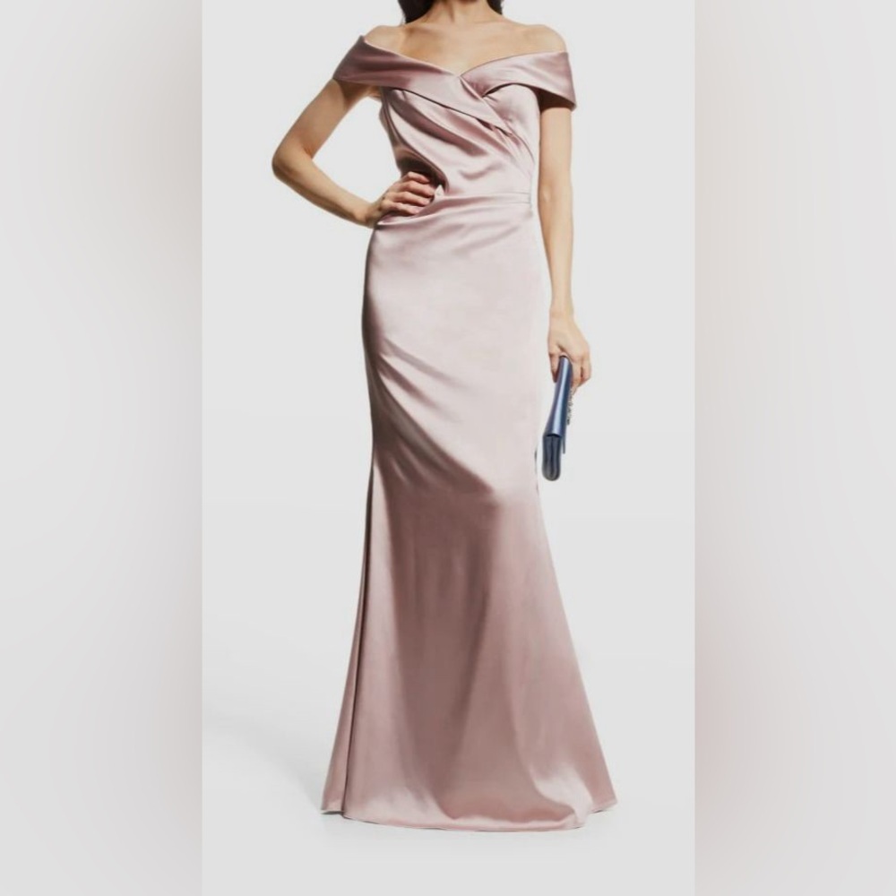 Teri Jon Rickie Freeman Off-Shoulder Satin Gown Size 4 Pink Evening Dress NWT